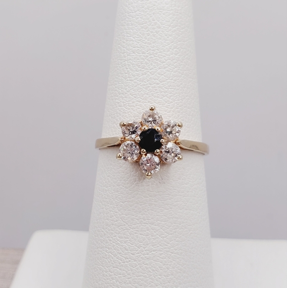 9k Solid Yellow Gold Genuine Dark Blue Sapphire & Diamond Flower Ring - Picture 8 of 9